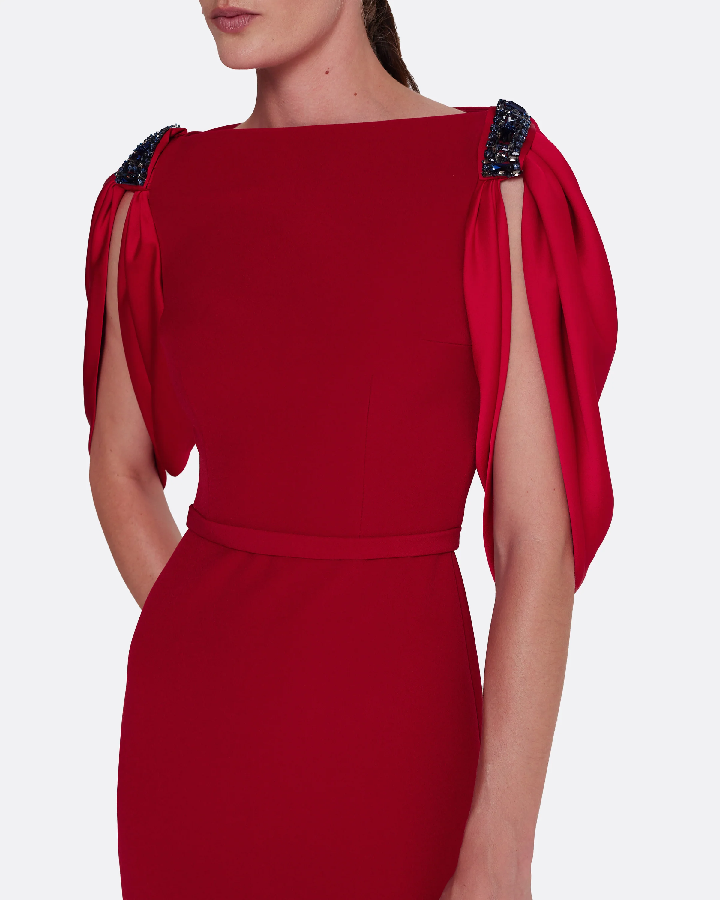 Mariah Long Dress in Cherry Red on Azalea with Multi-blues - Image 3